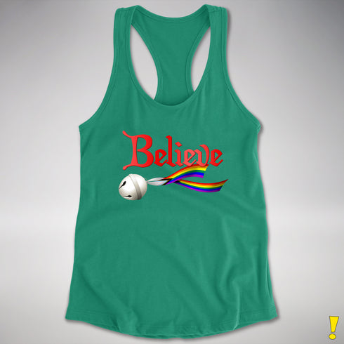 Believe Progress Pride LGBTQ Jingle Bell Racerback Tank - Kelly Green